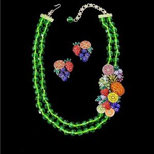 Heidi Daus Green Crystal Necklace & Earrings with Colorful Fruit Accents